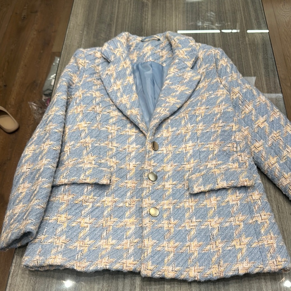 Stylish Blue and Cream Women's Houndstooth Jacket